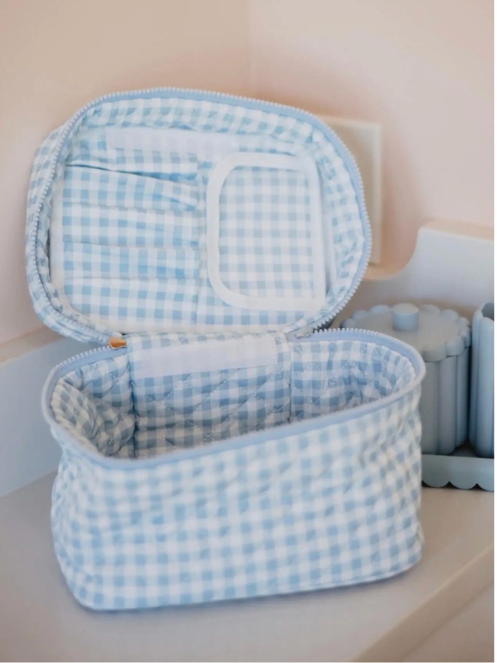 Katydid Blue Gingham Travel Makeup Organizer